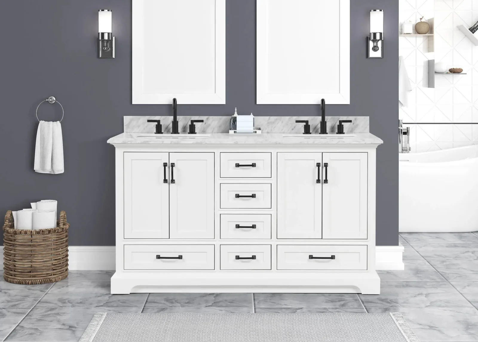 60-inch double-sink bathroom vanity in white with Carrara marble top and matte black handles, shown in a bathroom