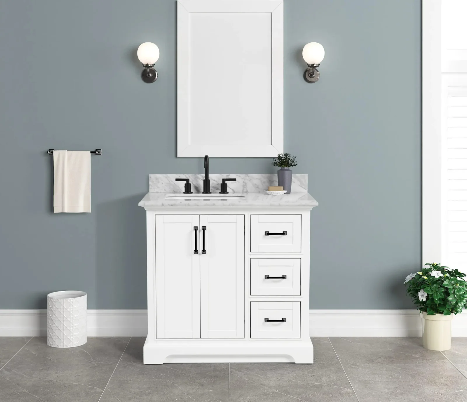 36-inch white bathroom vanity with Carrara marble top, two doors and three drawers