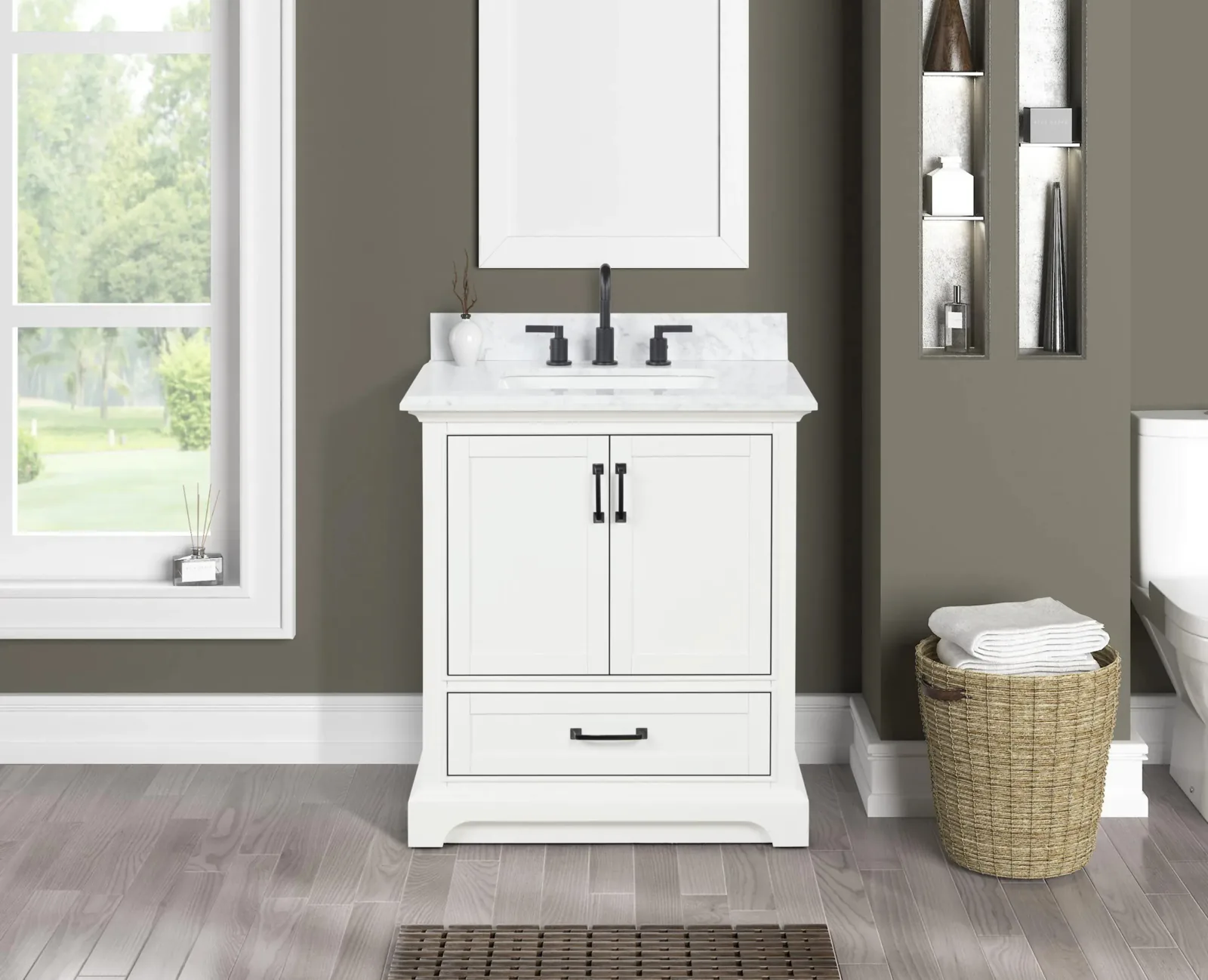 30-inch white single-sink vanity with Carrara marble top and 4-inch backsplash