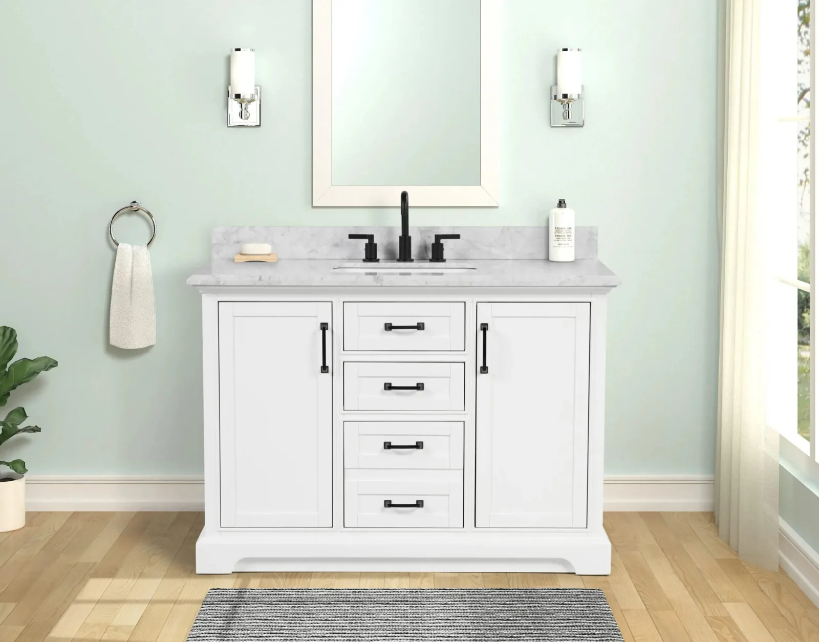 48-inch white bathroom vanity with Carrara marble top and matte black hardware