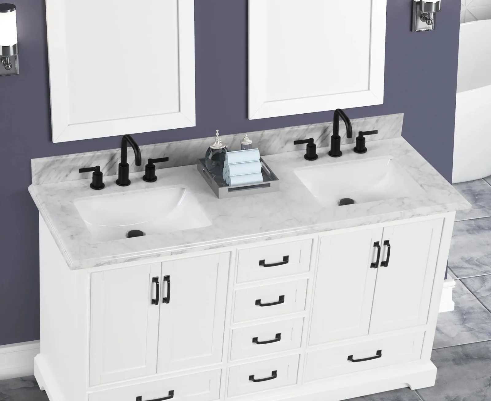 60-inch vanity Carrara marble top with two sinks, seen from above