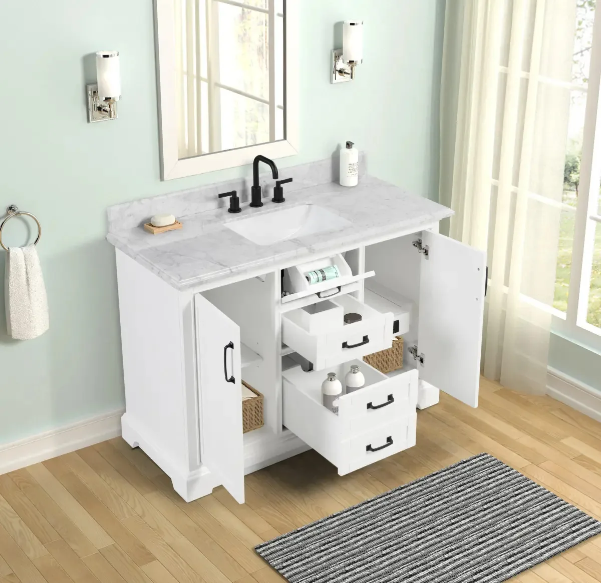 48-inch white vanity with doors and drawers open to show interior storage