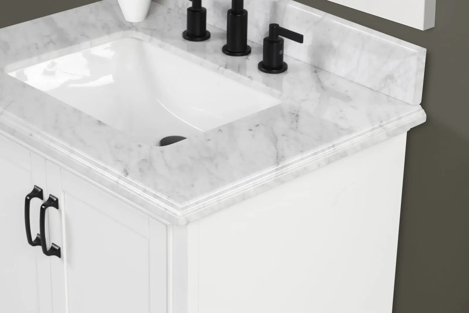 Close-up of the 30-inch vanity Carrara marble top, sink and 4-inch backsplash