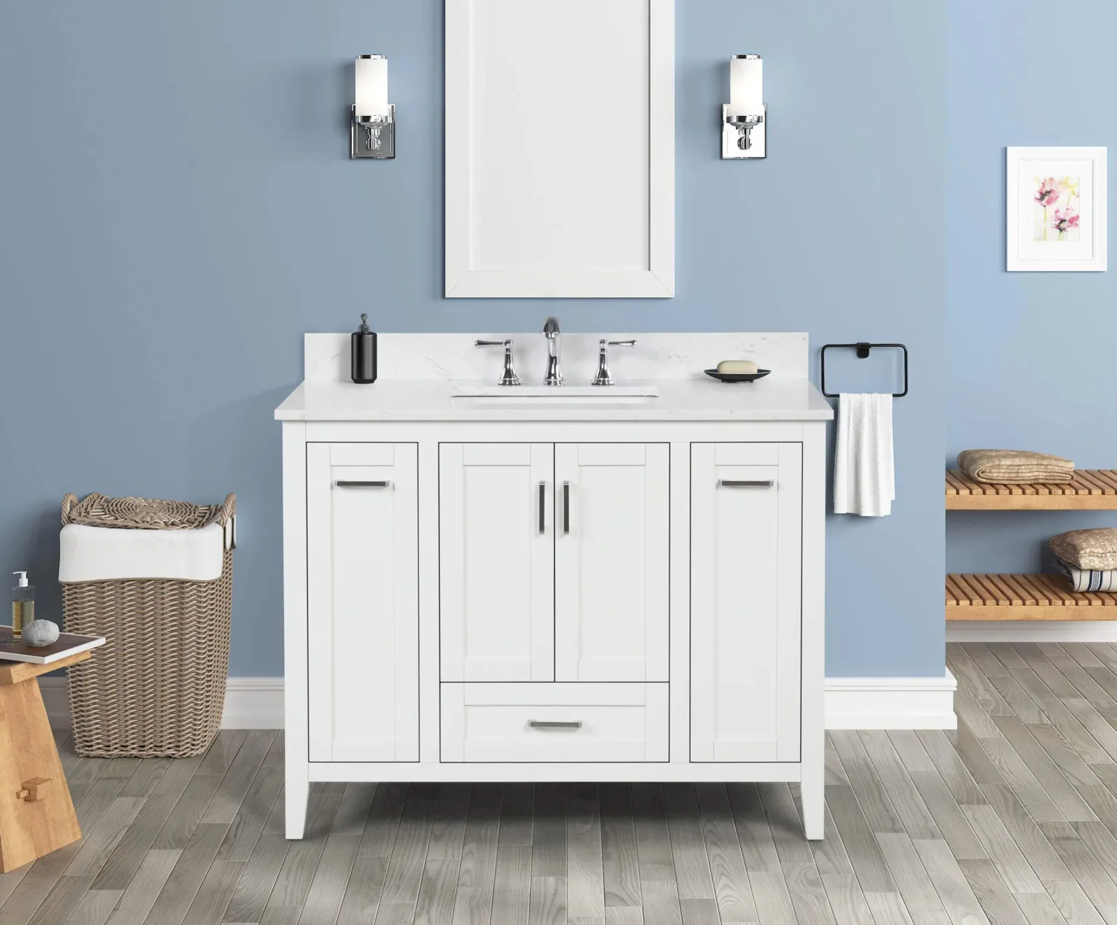 42 inch white bathroom vanity with Carrara engineered stone top and brushed nickel handles