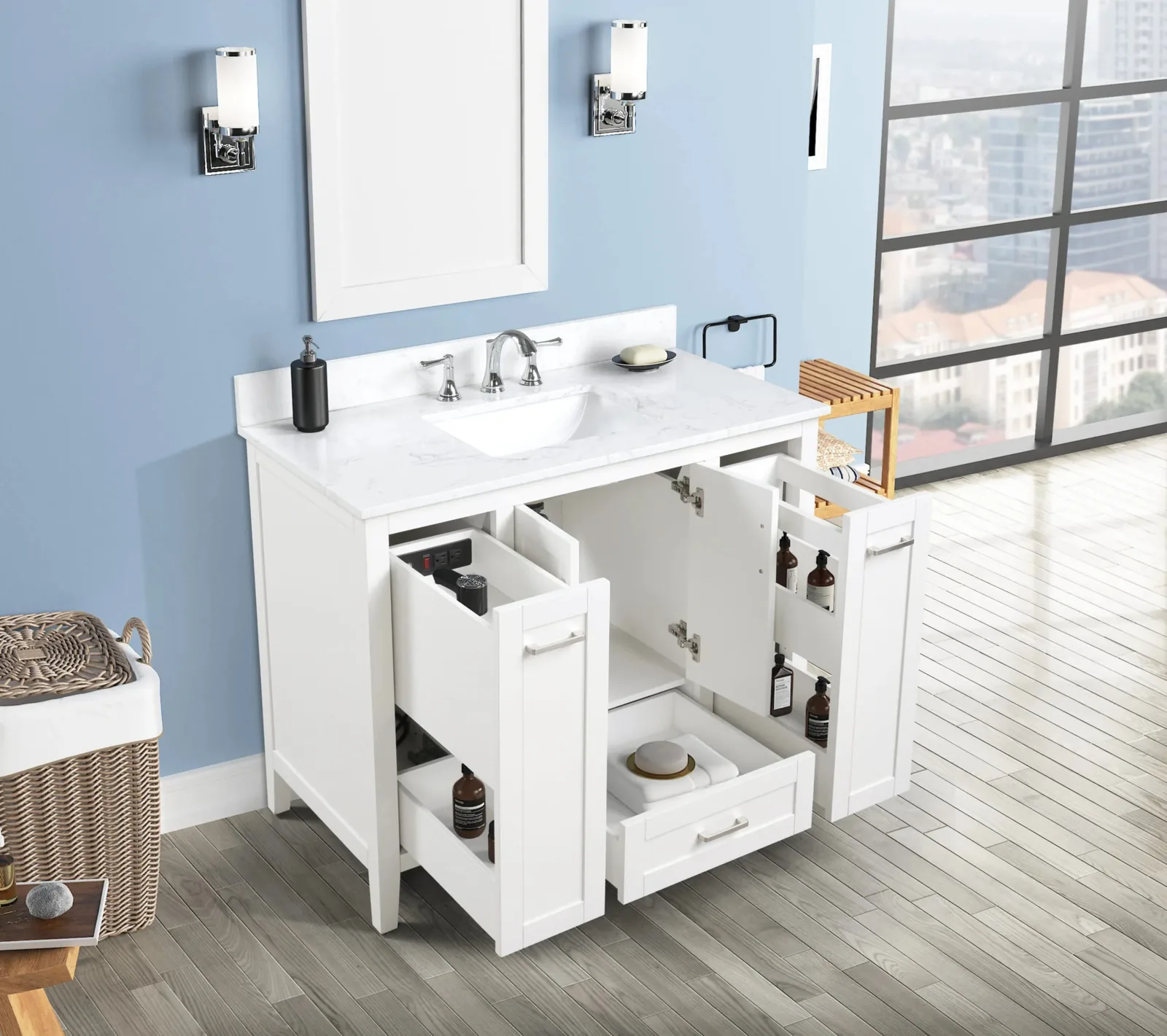 42 inch white vanity with the power pull-out drawer and doors open at an angle