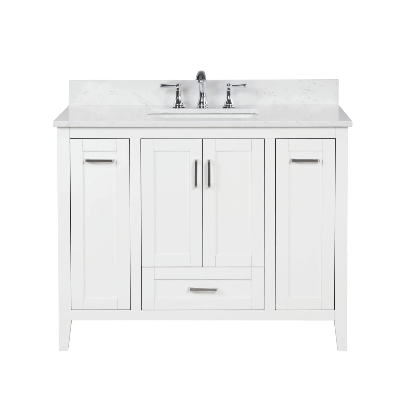 Front view of the 42 inch single-sink white vanity with Carrara stone top and 4 inch backsplash