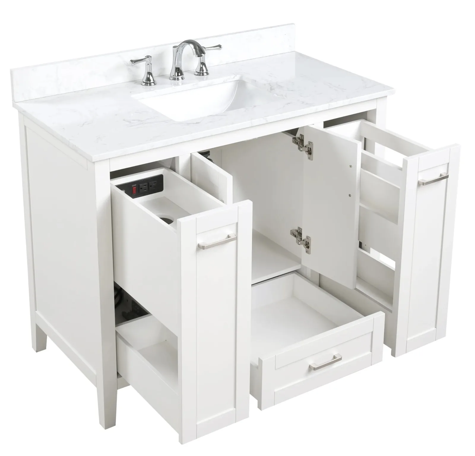 42 inch white vanity with doors, soft-close drawer and both side pull-out drawers open