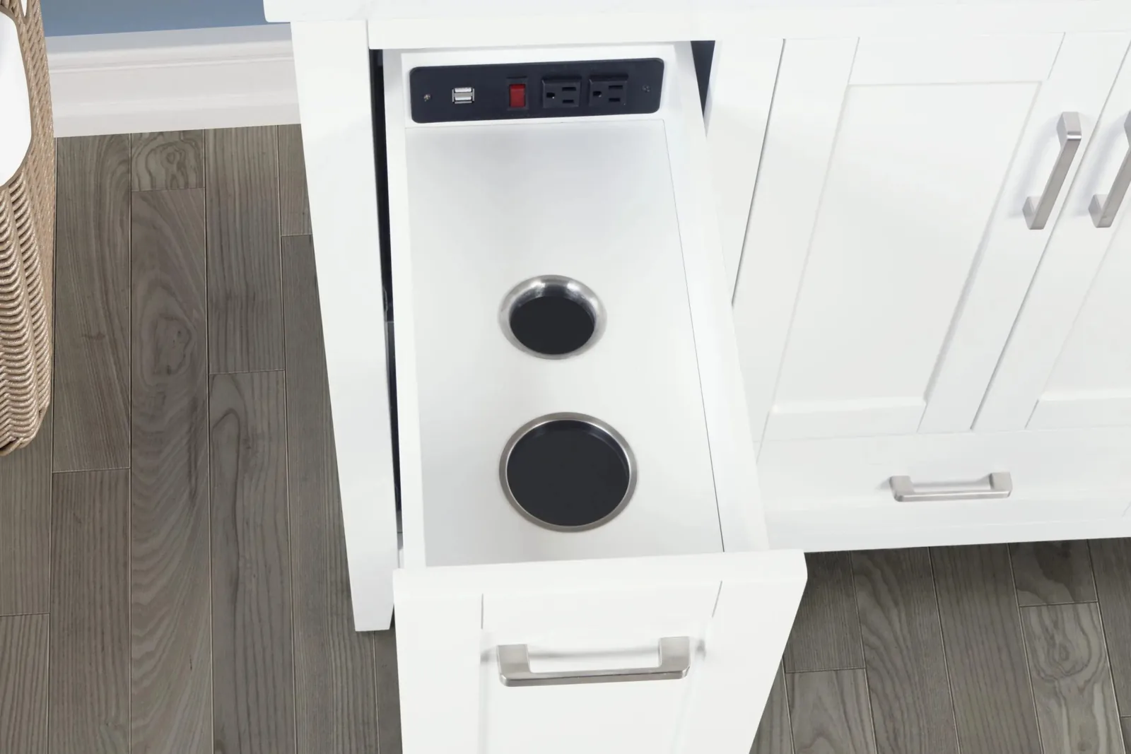 Vanity pull-out drawer with built-in hair dryer and hair curler holders