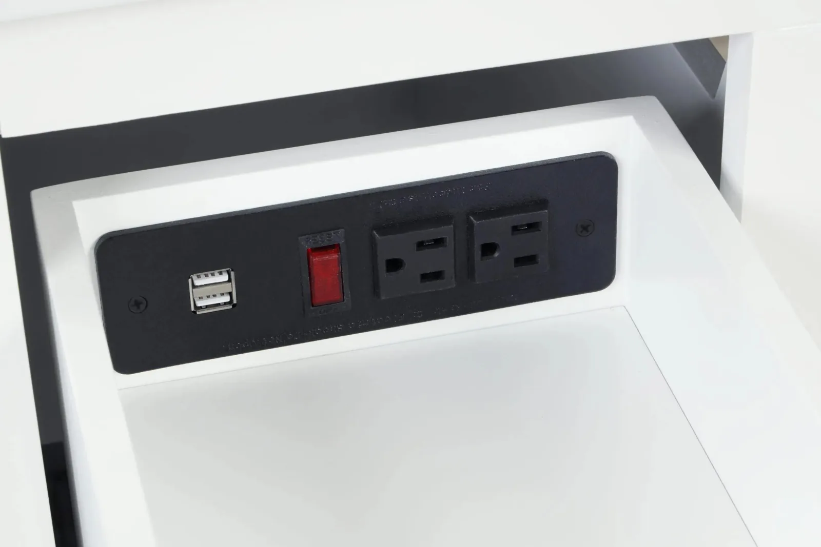 Vanity power strip inside the pull-out drawer with two outlets, a switch and USB ports