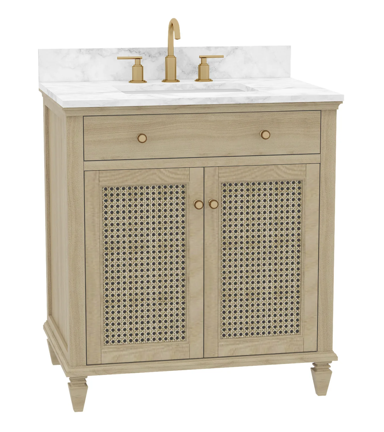 30-inch bathroom vanity in natural wood with handwoven cane doors, Carrara top and 4-inch backsplash, front view