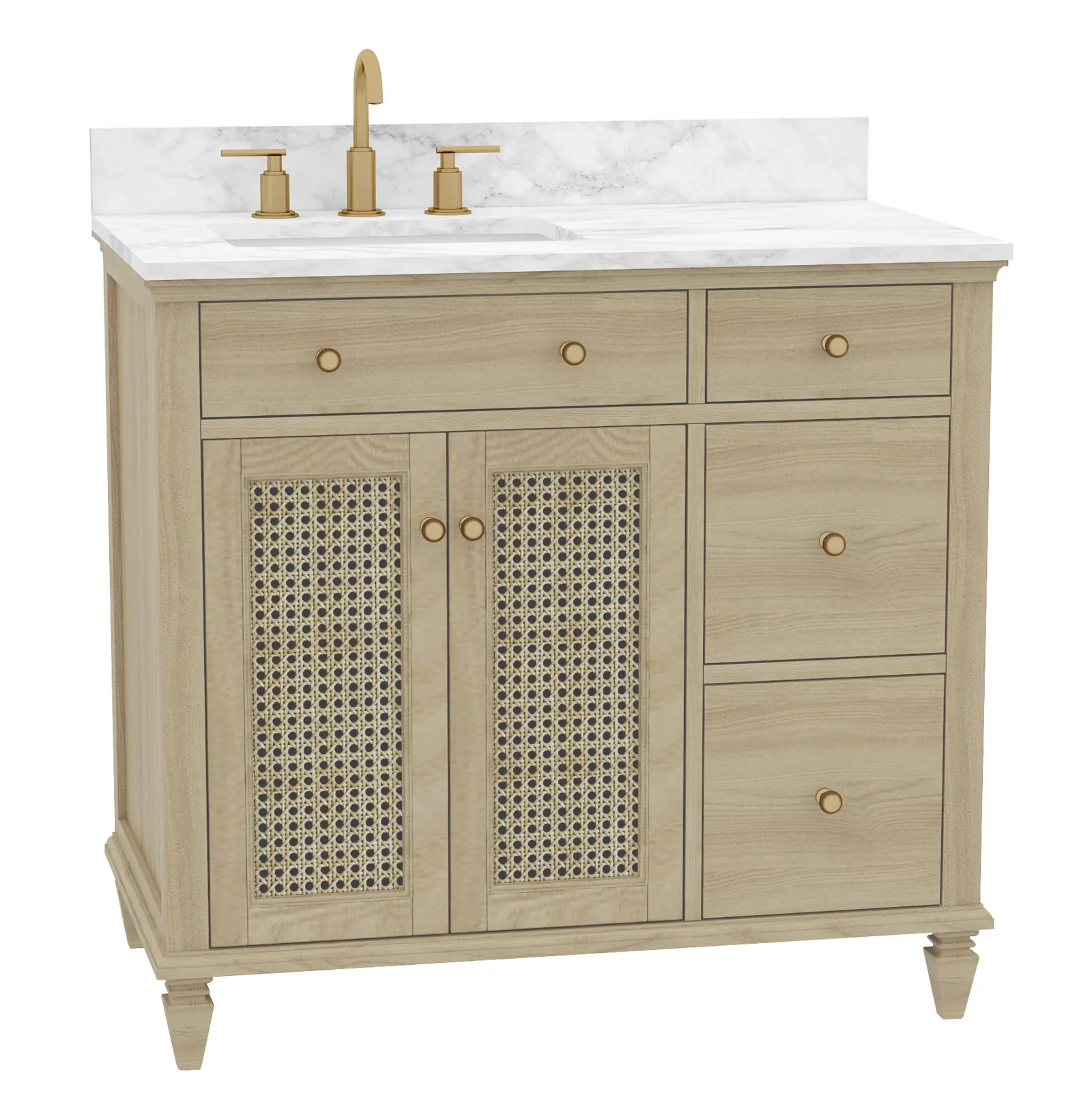 36-inch vanity with two cane doors, a tilt-out drawer and three side drawers under a Carrara top