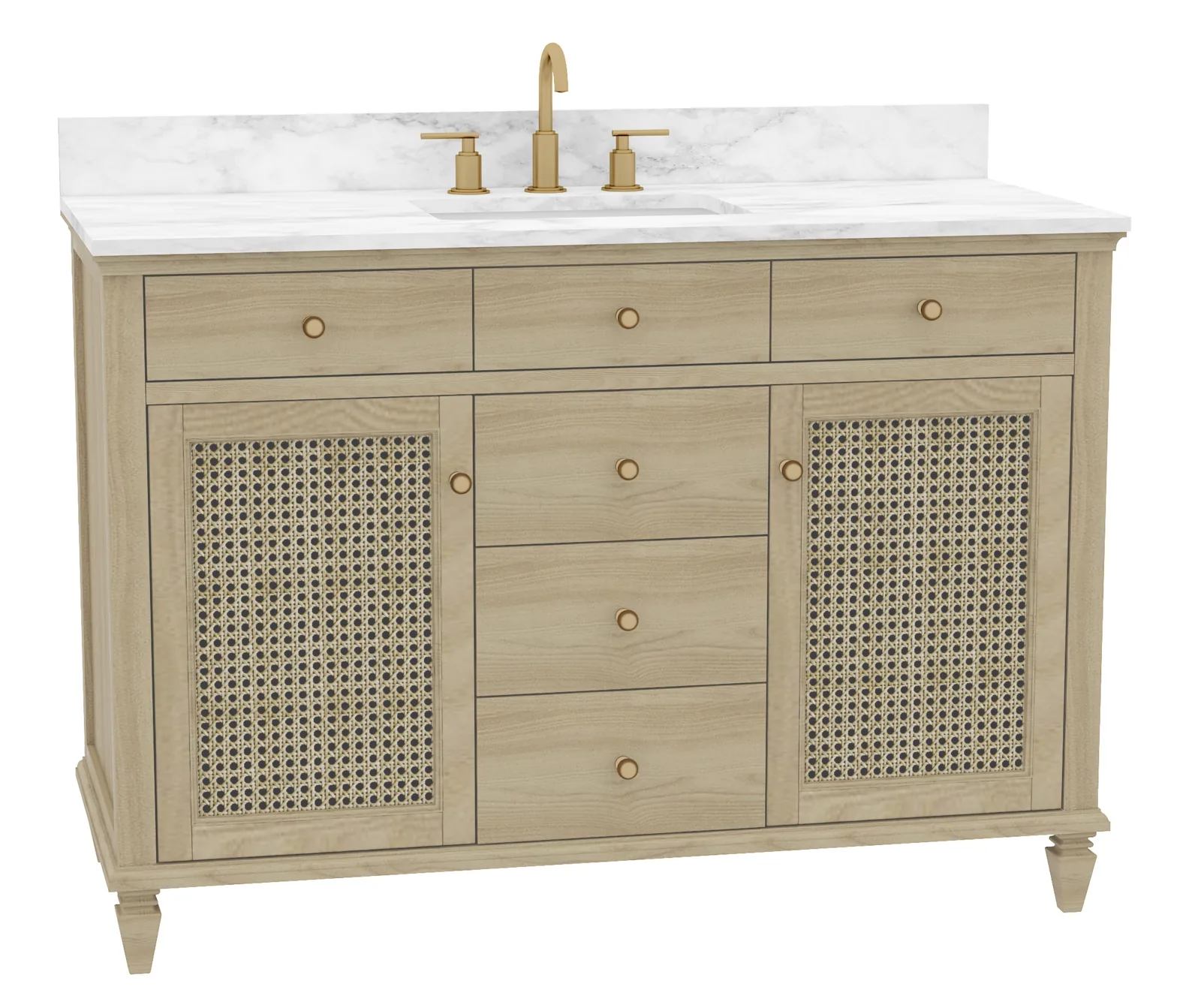 48-inch natural wood vanity with two cane doors, center drawers and Carrara top