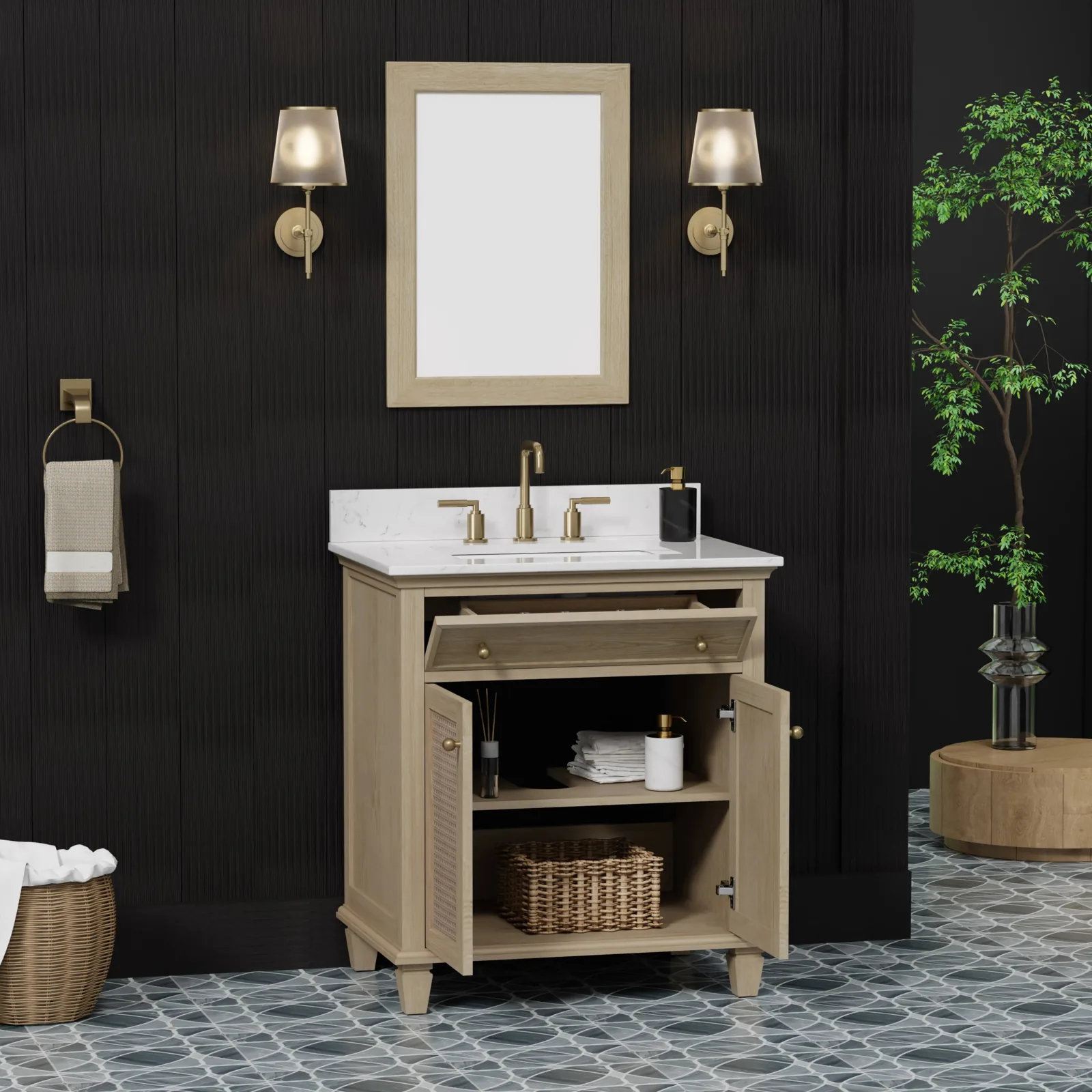 30-inch vanity with cane doors, a tilt-out top drawer and a Carrara top, in a bathroom with a dark wall