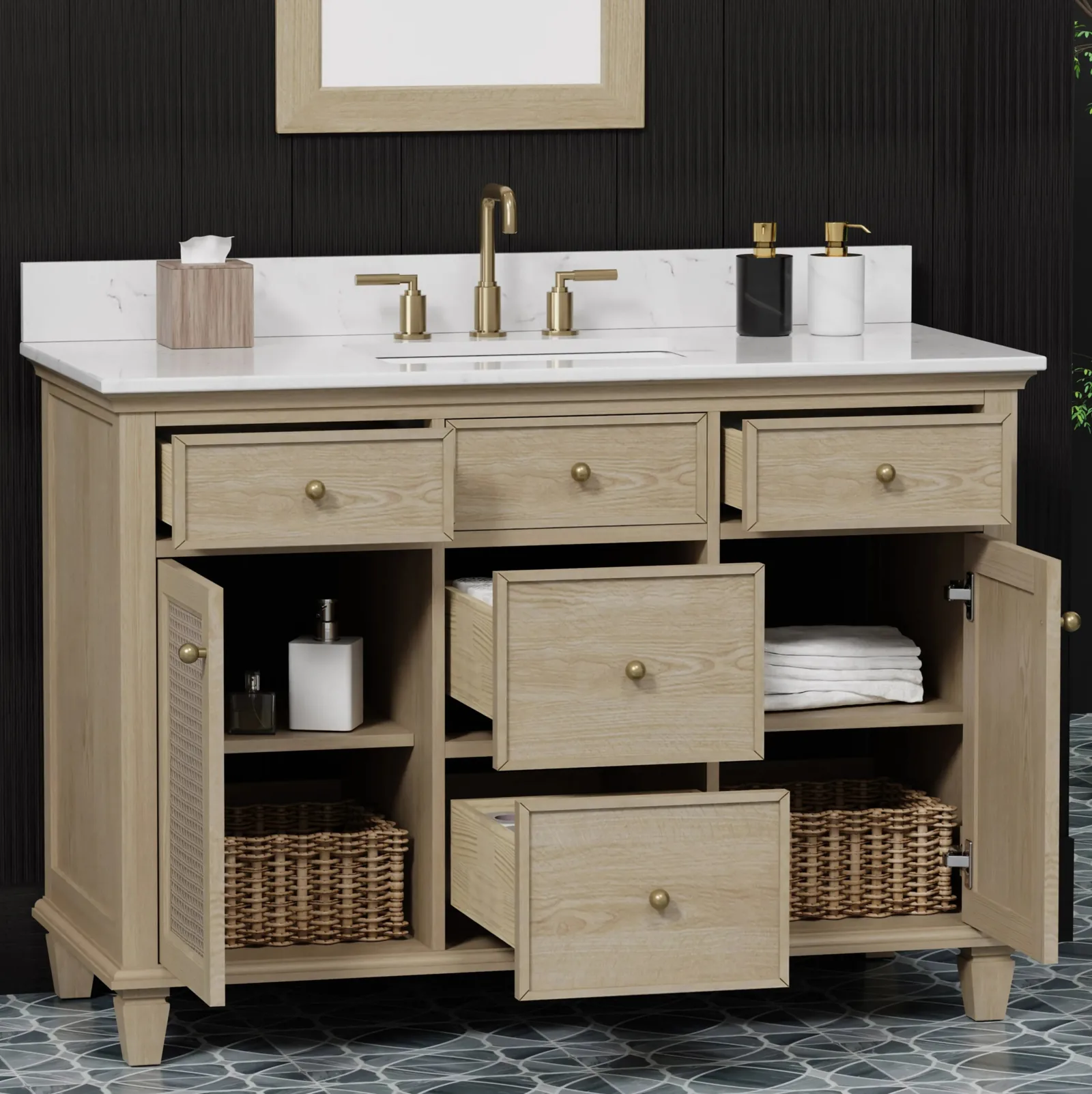 48-inch vanity with drawers and cane doors open, showing the interior shelves