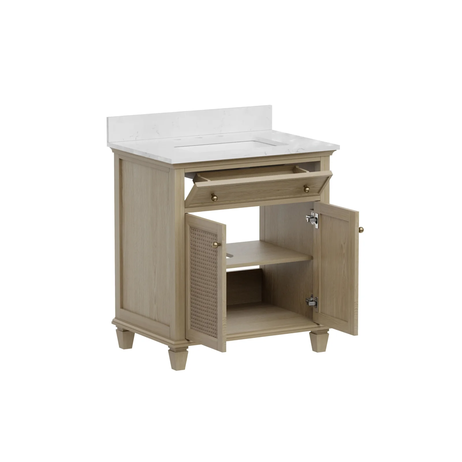 30-inch vanity at an angle with the tilt-out drawer and cane doors open