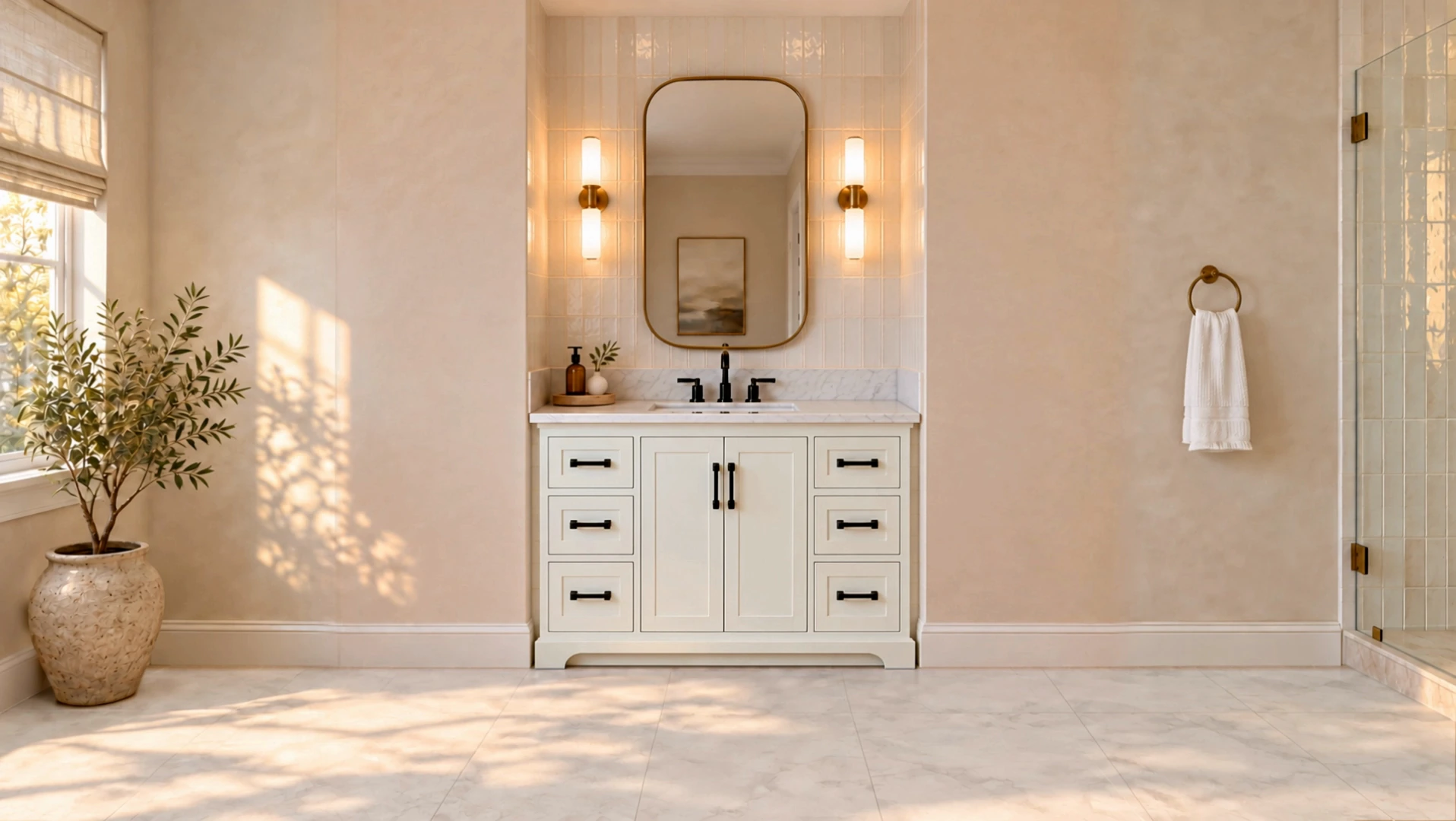Design concept: a custom bathroom vanity in a tiled alcove