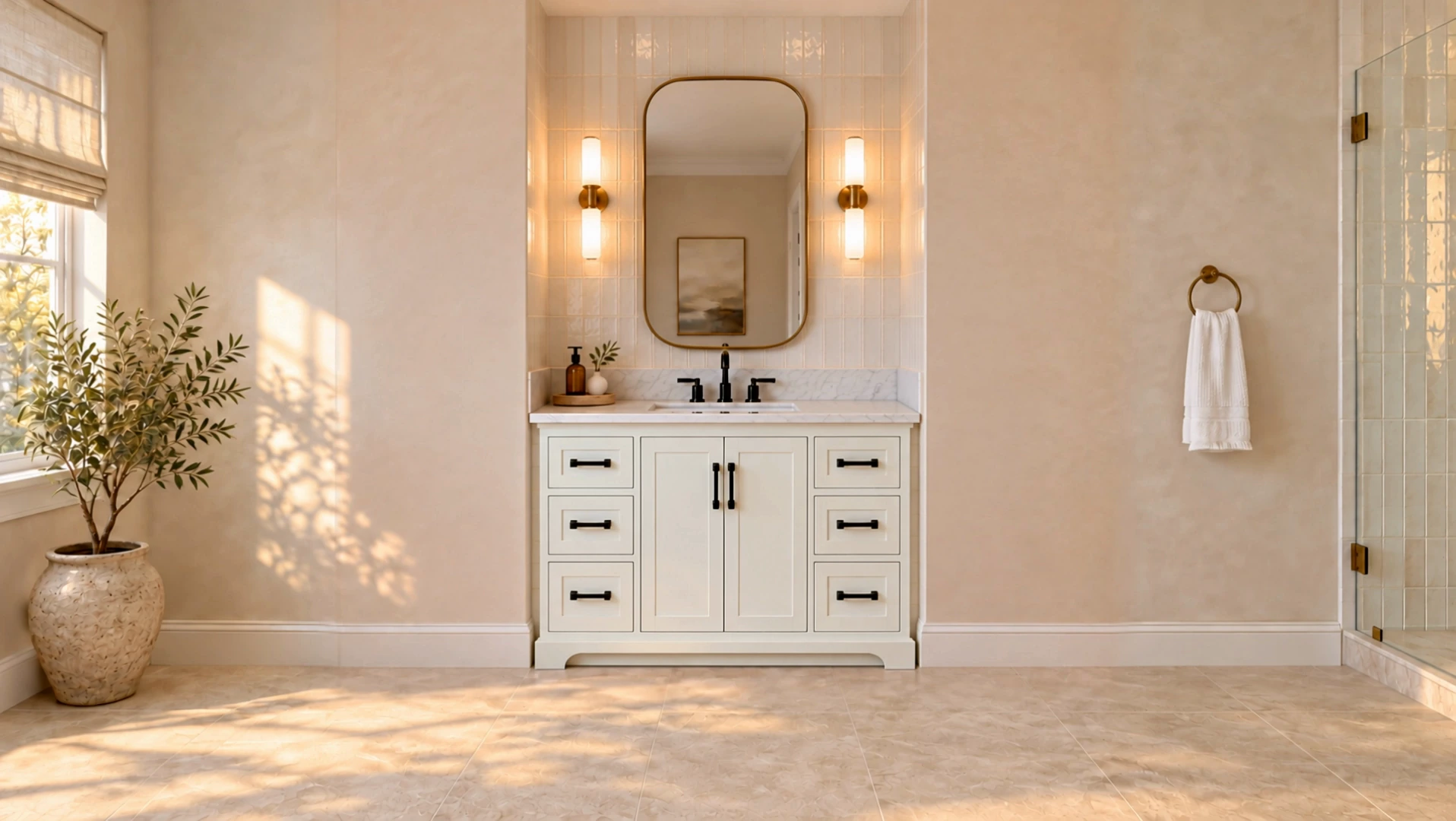 Design concept: a custom bathroom vanity in a tiled alcove