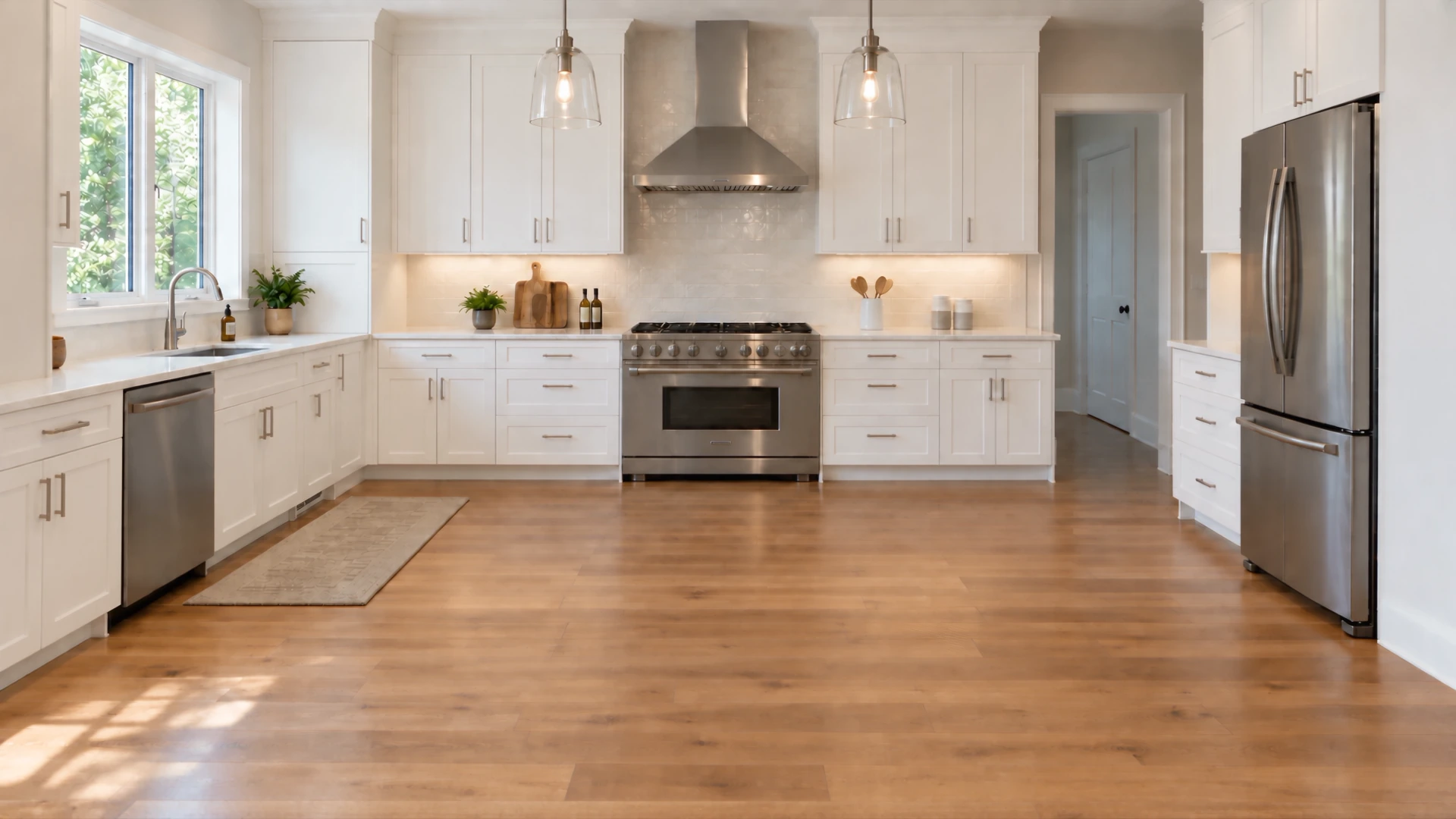 Kitchen design concept: White cabinetry, nickel hardware and warm wood flooring.